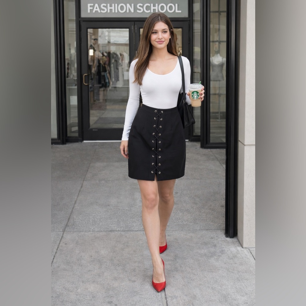 BEBE Black Lace-Up Mini Skirt